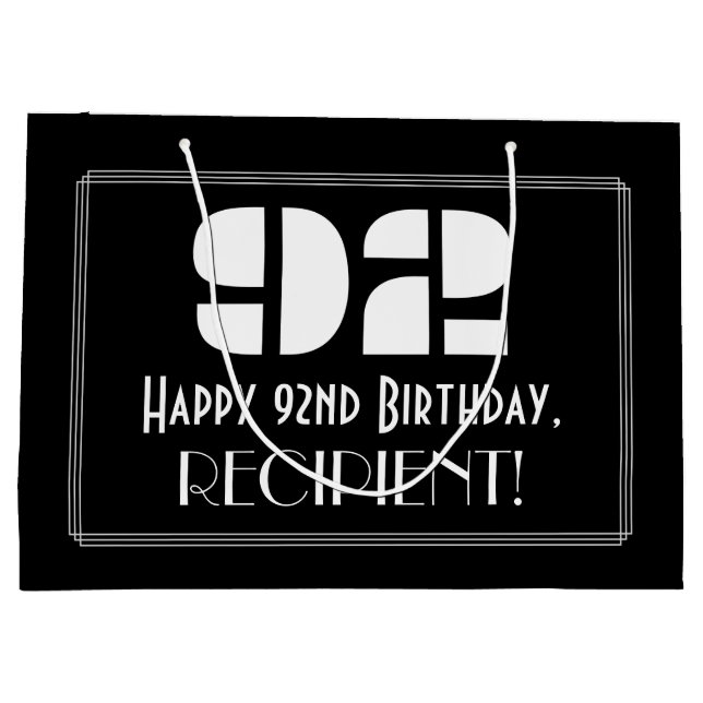 Sacola Para Presentes Grande 92º Aniversário ~ Arte Deco Inspirou "92" + Nome (Verso)