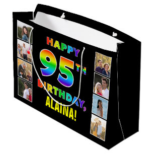 Sacola Para Presentes Grande 95.º aniversário: Texto Arco-Íris, Fotos e Nome Pe