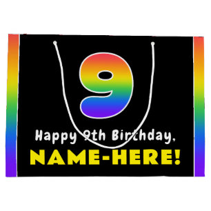 Sacola Para Presentes Grande 9.º Aniversário: Arco-Íris Colorido nº 9, Nome Per