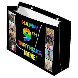 Sacola Para Presentes Grande 9.º Aniversário: Texto do Arco-Íris, Fotos e Nome