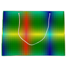 A vibrant gift bag featuring a glossy, rainbow 