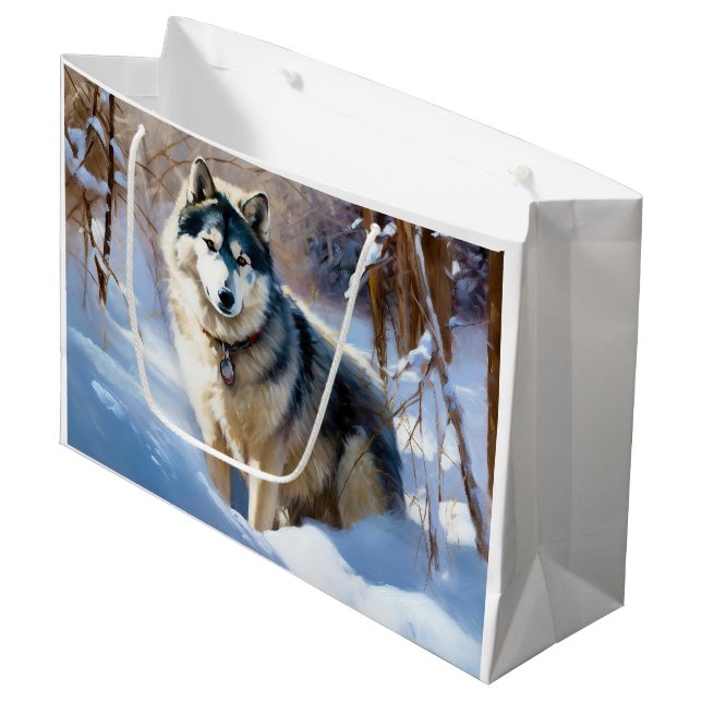 Sacola Para Presentes Grande Aaskan Malamute Deixe-A Neve Natal (Frente inclinada)