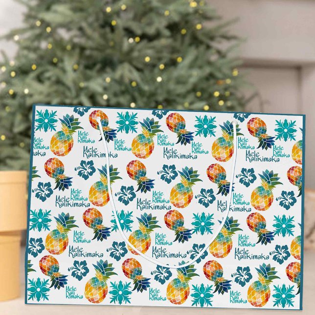 Sacola Para Presentes Grande Abacaxi havaiano e Hibiscus Mele Kalikimaka (Criador carregado)