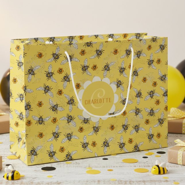 Sacola Para Presentes Grande Abelha Amarela da Moda & Flores (Yellow Floral Bee Gift Bags for Nature Lover. Botanical Vintage Honeybee & Flowers Pattern For Her )
