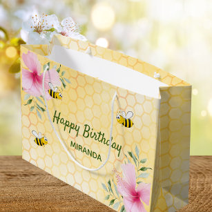 Sacola Para Presentes Grande Abelhas-de-bumbum felizes de aniversário florais