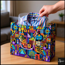 Sacola Para Presentes Grande Abstract Folk Art Geometric Quilt Mosaic