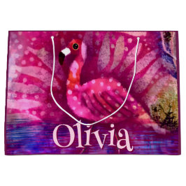 Sacola Para Presentes Grande Abstrato cor-de-rosa-branco Flamingo personalizado