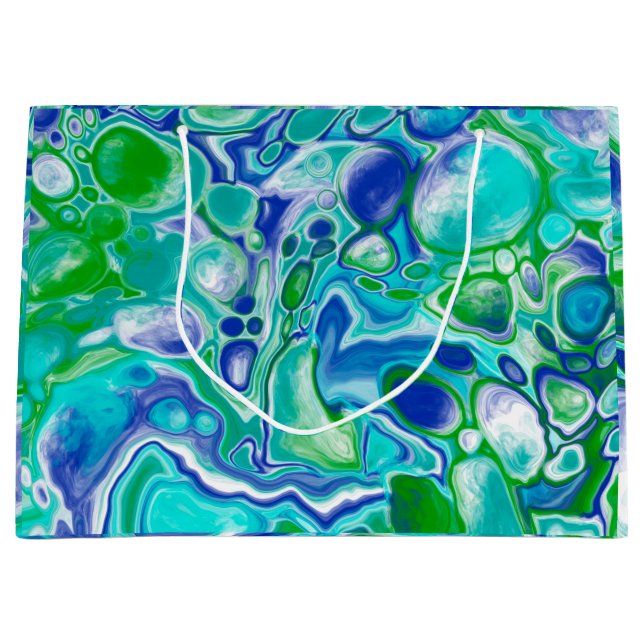 Sacola Para Presentes Grande Abstrato de Arte Fluida Marble Azul e Verde (Frente)