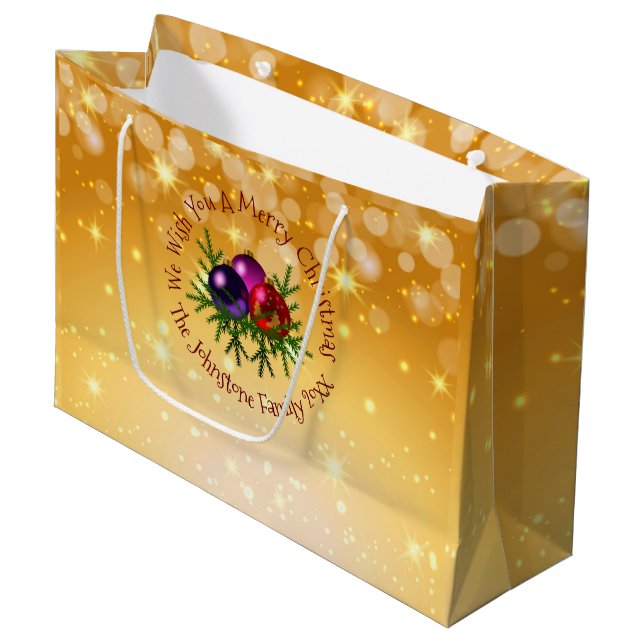 Sacola Para Presentes Grande Adicionar Nome Correspondente ao Natal em Dourado  (Frente inclinada)