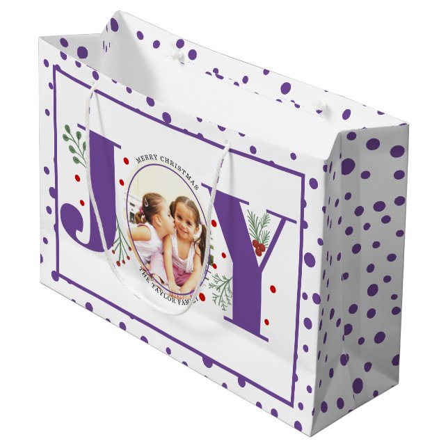 Sacola Para Presentes Grande Adicione suas fotos, JOY e bolinhas roxos (Frente inclinada)