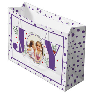 Sacola Para Presentes Grande Adicione suas fotos, JOY roxo e bolinhas