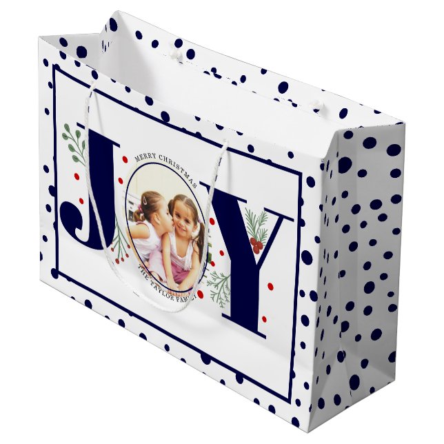 Sacola Para Presentes Grande Adicione suas fotos, marinho azul, JOY e bolinhas (Frente inclinada)