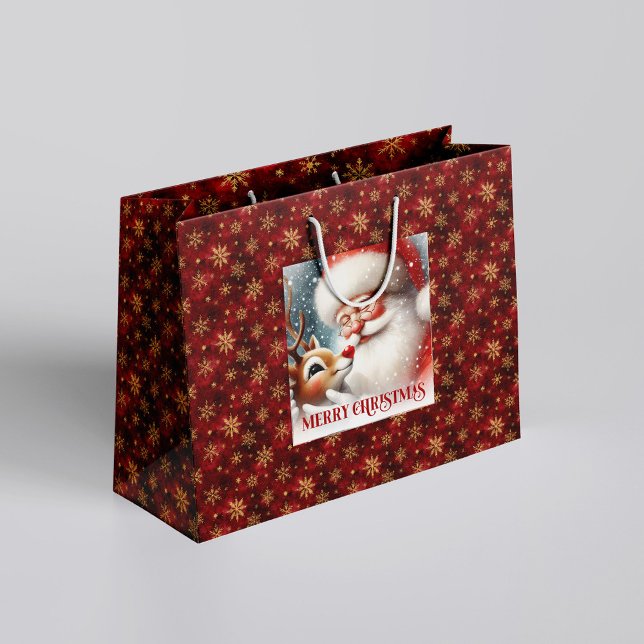 Sacola Para Presentes Grande Adorable Holiday Santa and Rudolph Gift Bag (Adorable Holiday Santa and Rudolph Gift Bag)