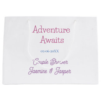 Sacola Para Presentes Grande adventure awaits couple shower name date pink blue