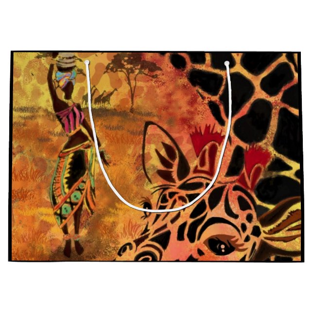 Sacola Para Presentes Grande African Girl and Giraffe - Amigos - Desenho de Art (Frente)