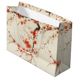 Sacola Para Presentes Grande Água-forte de Flor de Ameixa Vermelha - Arte Flora