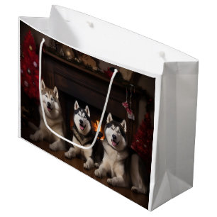 Sacola Para Presentes Grande Alaskan Malamute na Lareira de Natal