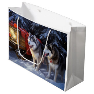 Sacola Para Presentes Grande Alaskan Malamute Snowy Sleigh no Natal