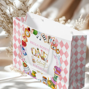 Sacola Para Presentes Grande Alice no País das Maravilhas 1º aniversário Rosa