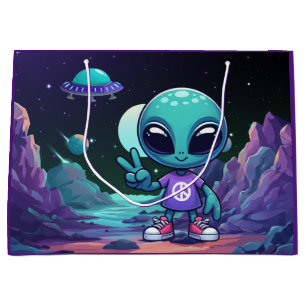 Sacola Para Presentes Grande Alienígena de paz e nave espacial