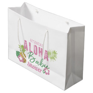 Sacola Para Presentes Grande Aloha Baby Pink & Green Tropical Girl Chá de frald
