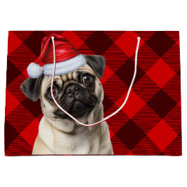 Sacola Para Presentes Grande Amante de Pug Xadrez Búfalo Vermelho de Natal