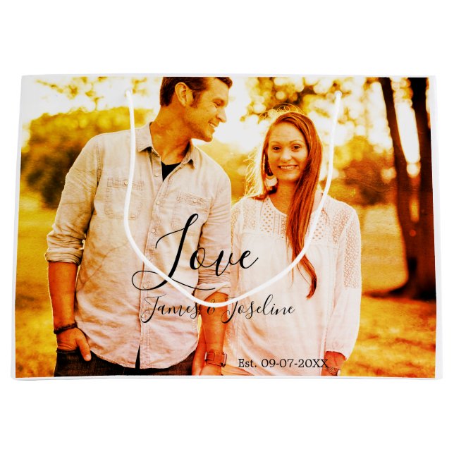 Sacola Para Presentes Grande Ame o nome da adição de fotos. Casal de casamento  (Frente)