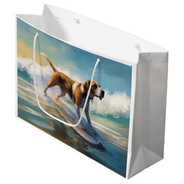 Sacola Para Presentes Grande American Engligh Foxhound Beach Surfing Painting (Frente inclinada)