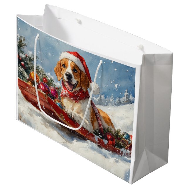 Sacola Para Presentes Grande American English Foxhound no Sledge Christmas (Frente inclinada)