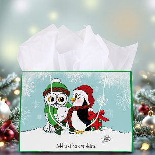 Sacola Para Presentes Grande Amizade Cute Penguin Snowy Owl