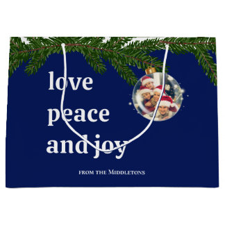 Sacola Para Presentes Grande Amor Paz Alegria Foto de Natal Azul Marinho Grande