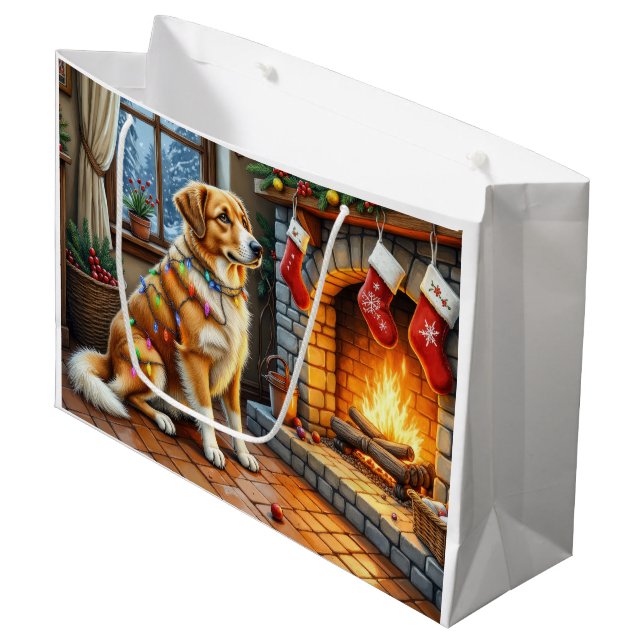 Sacola Para Presentes Grande Anatolian Shepherd Fireplace with Christmas Lights (Frente inclinada)