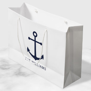 Sacola Para Presentes Grande Âncora azul do Marinho náutico com nome personal