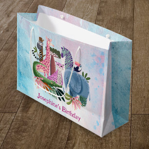 Sacola Para Presentes Grande Animais de safari menina da selva aniversário aqua