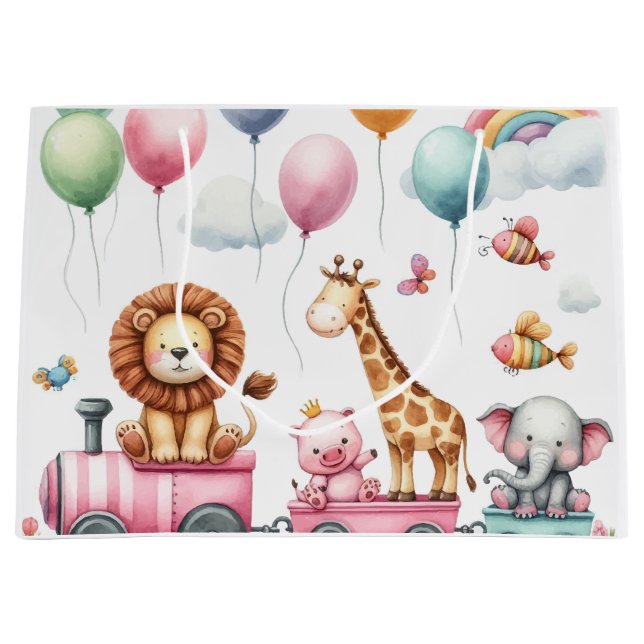 Sacola Para Presentes Grande Animals pink birthday Large Gift Bag  (Frente)