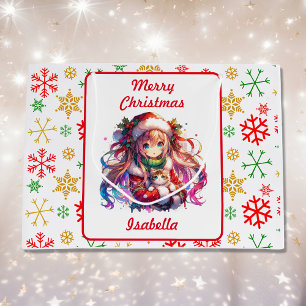 Sacola Para Presentes Grande Anime Girl in Santa Hat Watercolor Christmas