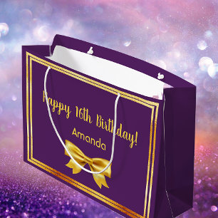 Sacola Para Presentes Grande Aniversário, arco elegante de ouro roxo