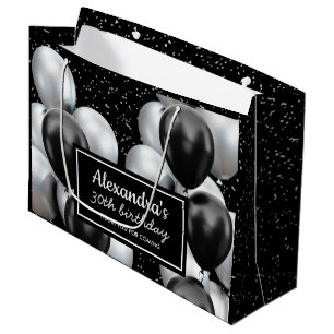 Sacola Para Presentes Grande Aniversário Balão Preto Cinza Elegante