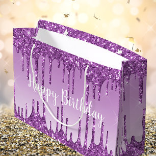 Sacola Para Presentes Grande Aniversário, brilho roxo pega luxo