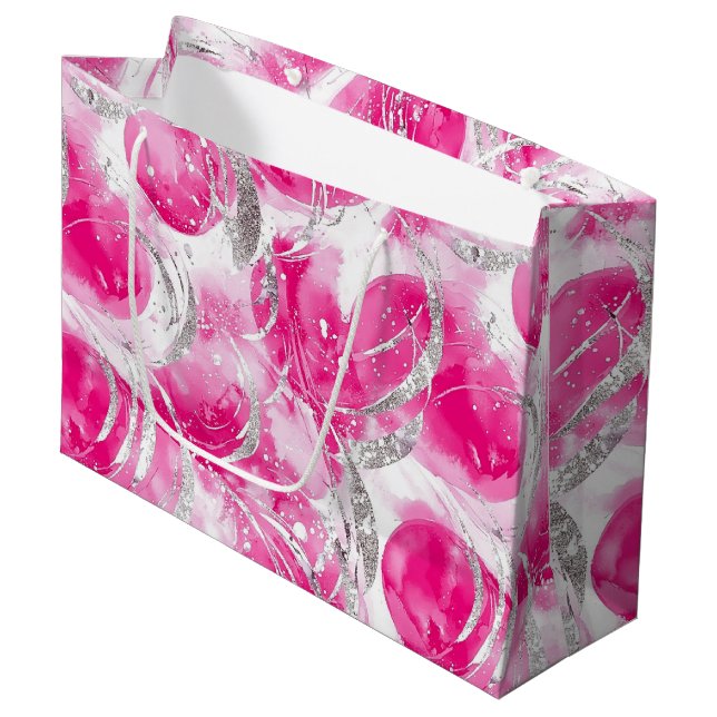 Sacola Para Presentes Grande Aniversário Círculos Abstratos Rosa Prata Glam (Frente inclinada)