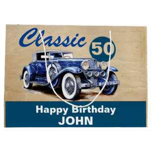 Sacola Para Presentes Grande Aniversário, Clássico Vintage Blue Car