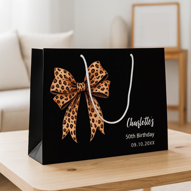 Sacola Para Presentes Grande Aniversário com laço estampado de leopardo preto (Criador carregado)