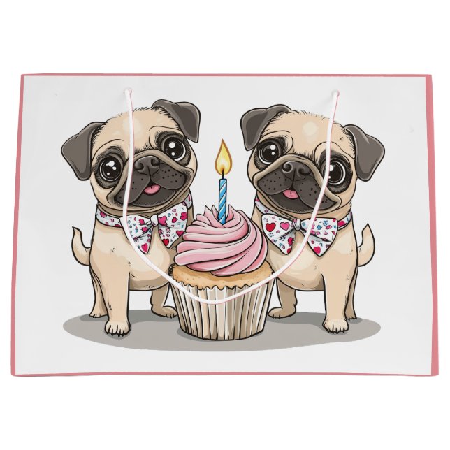 Sacola Para Presentes Grande Aniversário Cupcake de Cães Pug (Frente)