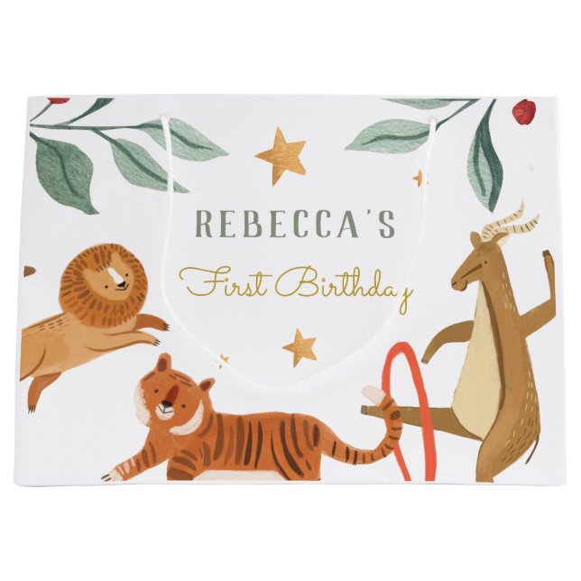 Sacola Para Presentes Grande Aniversário da Floresta de Aquarela (Frente)