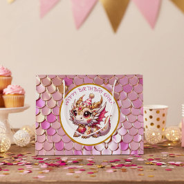 Sacola Para Presentes Grande Aniversário da Menina de Dragão Dourado e Rosa