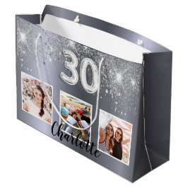 Sacola Para Presentes Grande aniversário de 30 anos prata glitter nome de foto