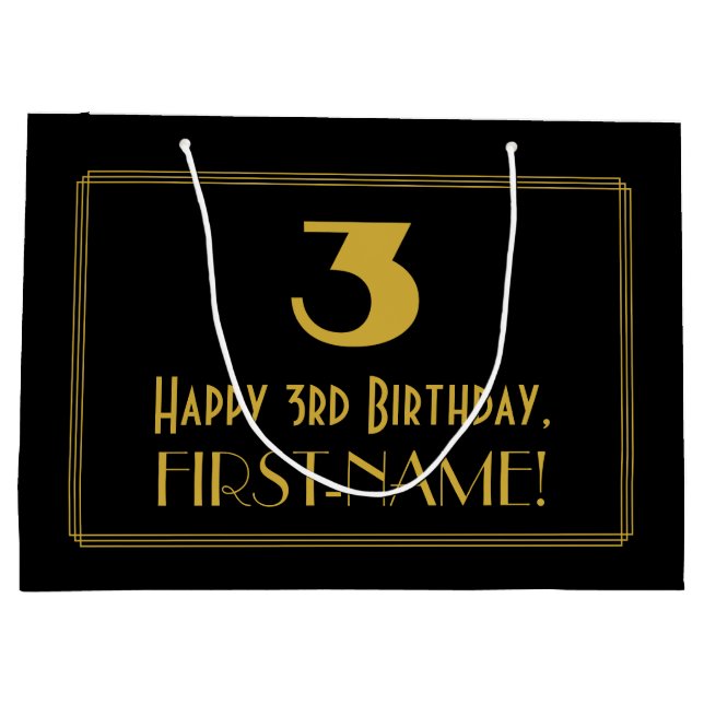Sacola Para Presentes Grande aniversário de 3 anos — Art Deco Inspira "3" & Nom (Verso)