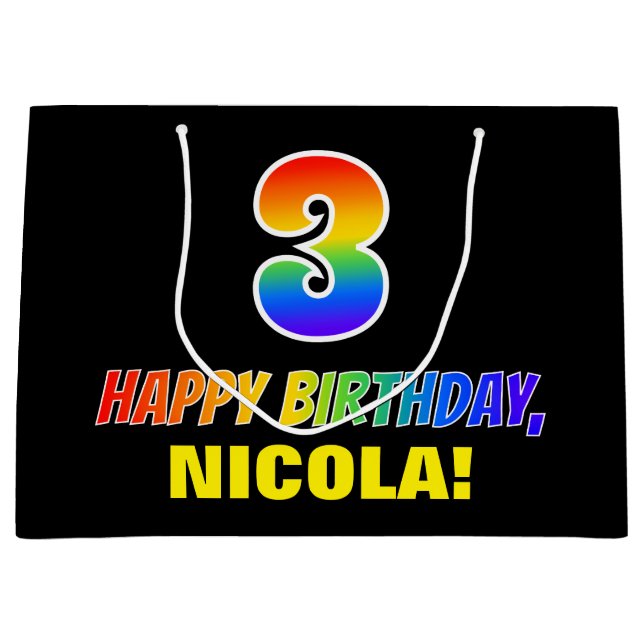 Sacola Para Presentes Grande aniversário de 3 anos: Negrito, Divertido, Simples (Frente)