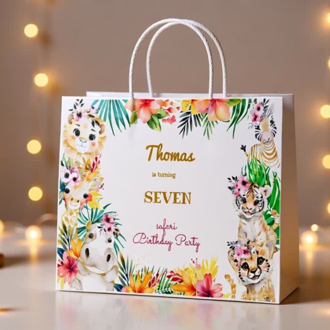 Sacola Para Presentes Grande Aniversário de criança de safari selvagem dourado (Criador carregado)