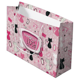 Sacola Para Presentes Grande Aniversário de Gatos de Coração Rosa de meio sécul